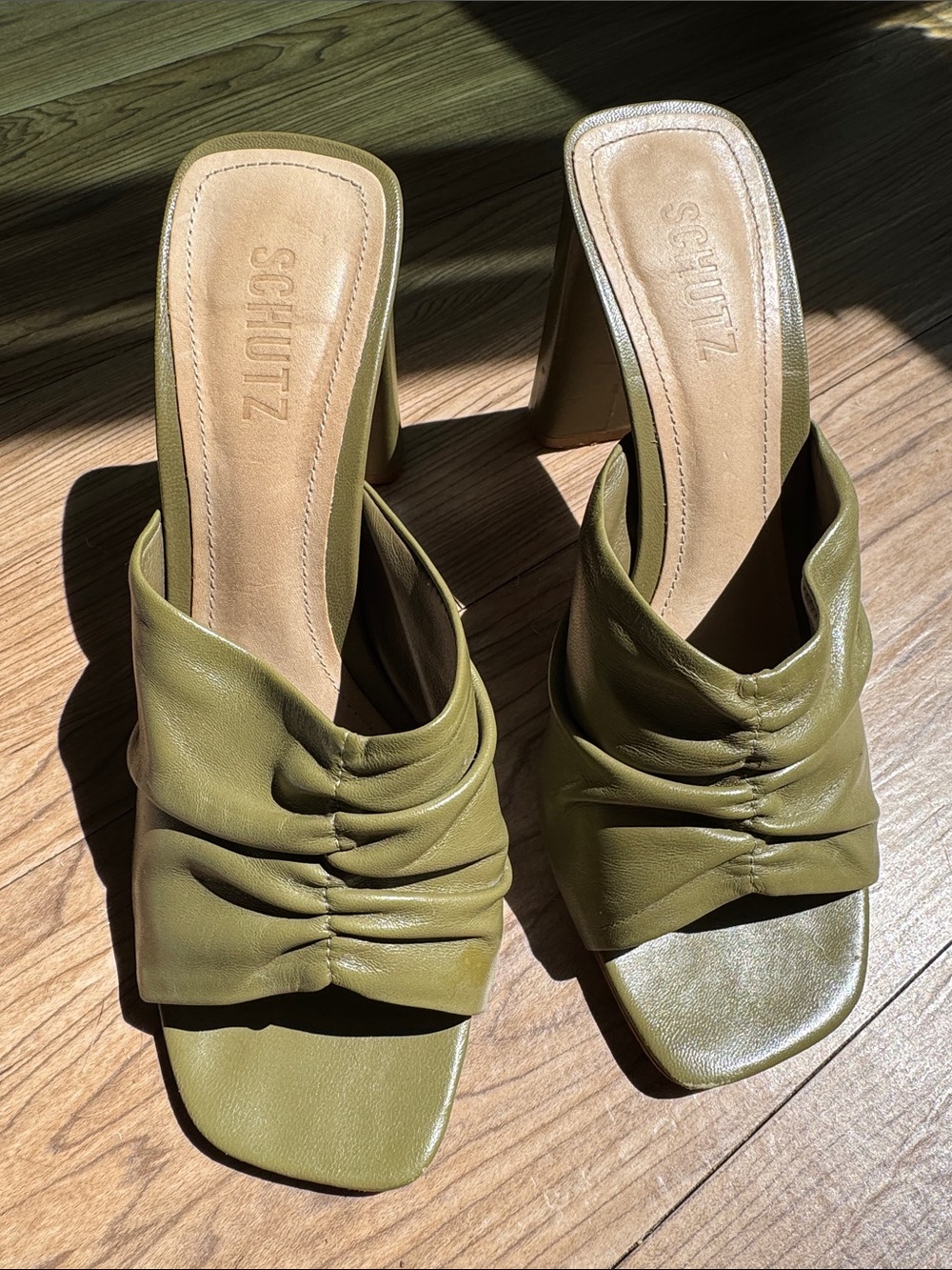 SCHUTZ Olive Green Ruched Leather Slide Heels